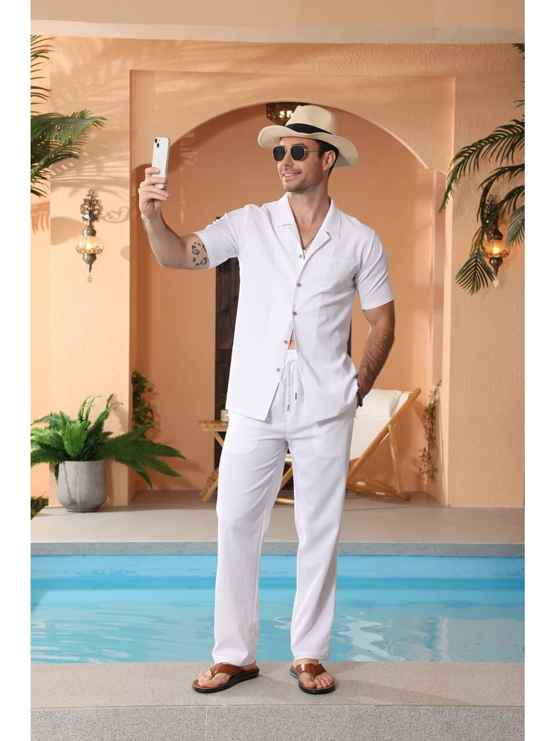 beach dress for men Summer Mens Clothing 2 Piece Shirt & Pants, Casual Resort Wear, Beige Boho Suit Cotton The shirt bridges the gap between casual and polished Weilanxin Welanxin Men 2 Piece