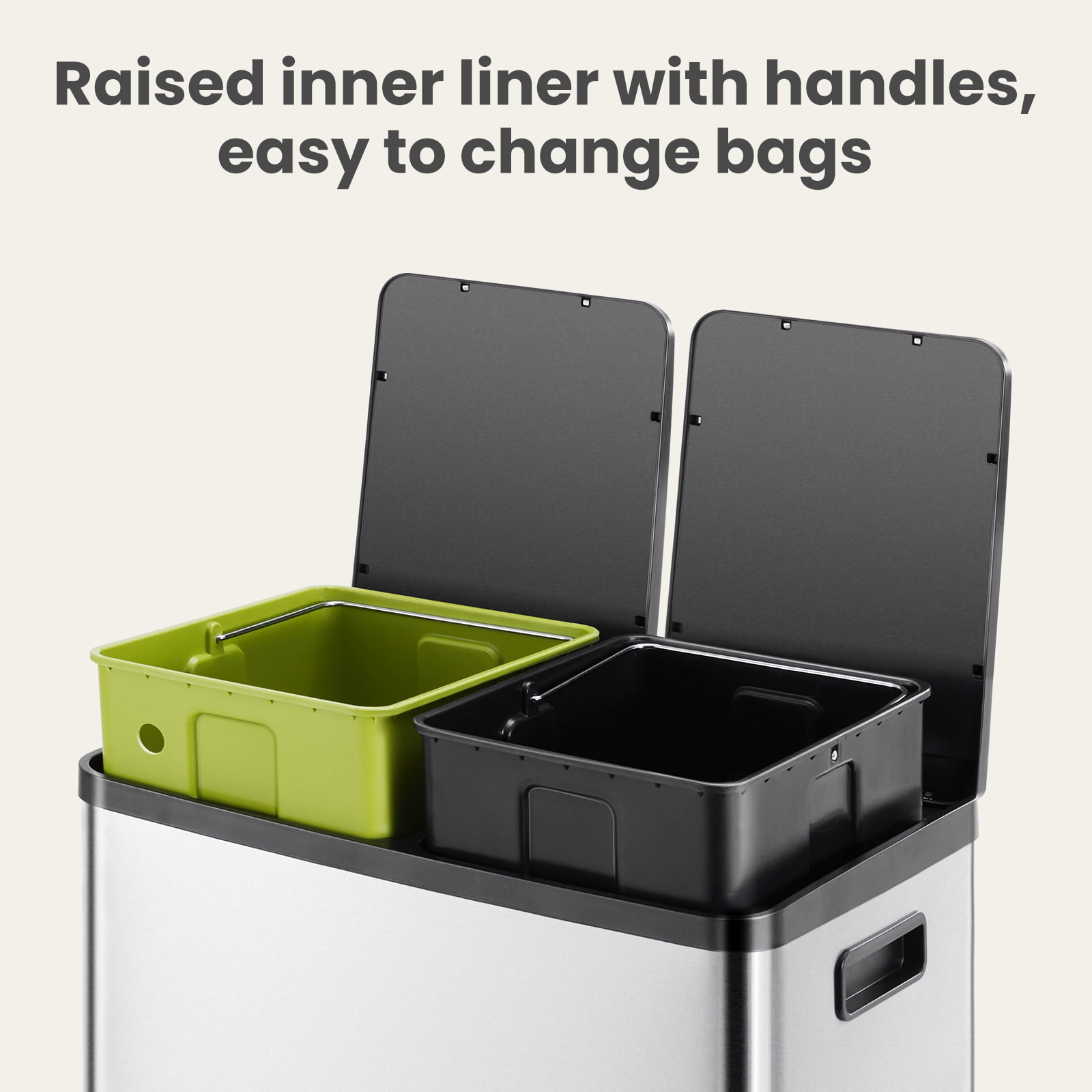 Simenmax 60L Dual Compartment Trash Can with Lid, Stainless Steel Sealed Garbage Bin, Soft-Close Pedal Operation for Kitchen, Office, Home