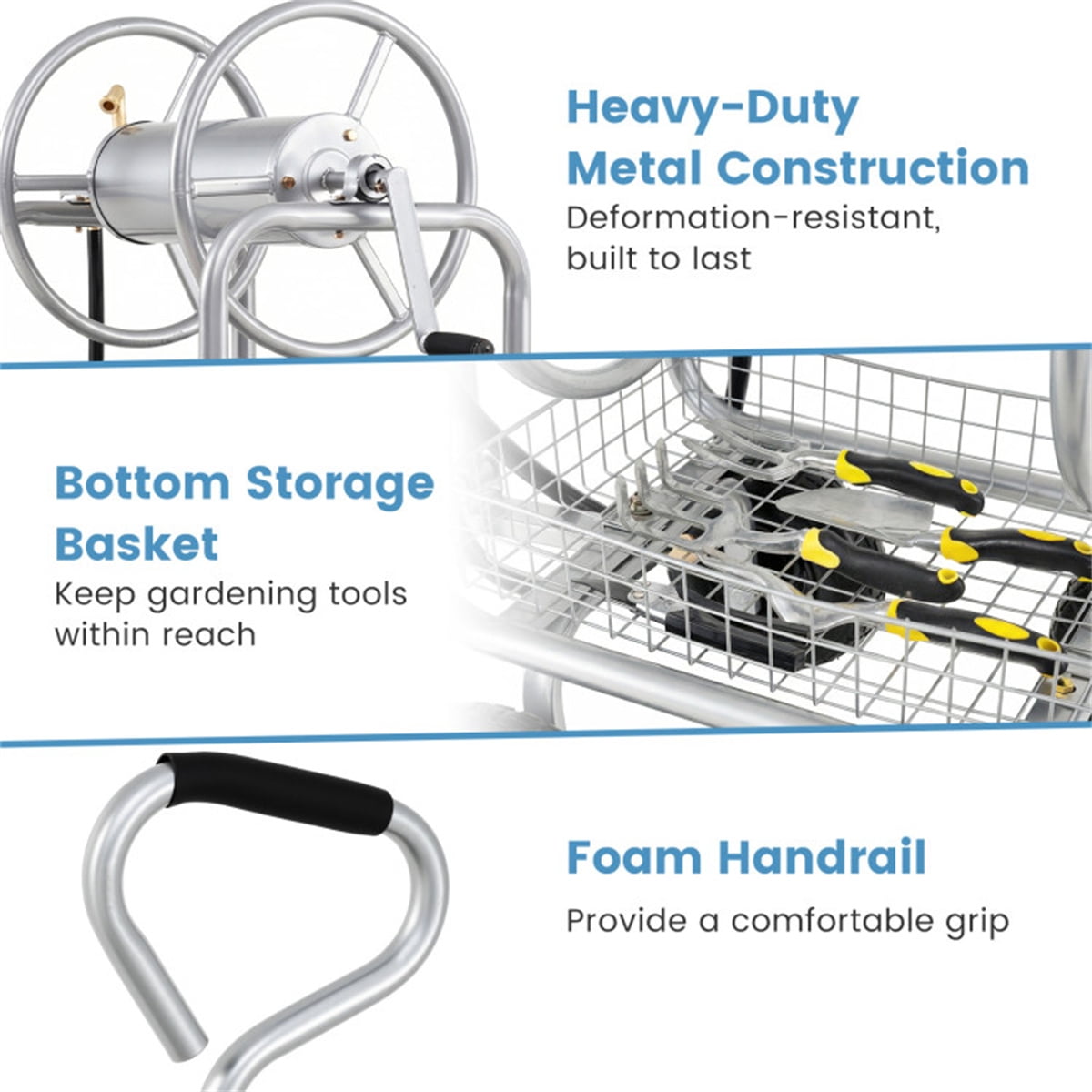 Heavy Duty Garden Hose Reel Cart with 10 Inch Pneumatic Wheels 300 FT Large Capacity Hose Winder with Storage Basket and Brass Fittings Mobile Outdoor Water Hose Holder Silver