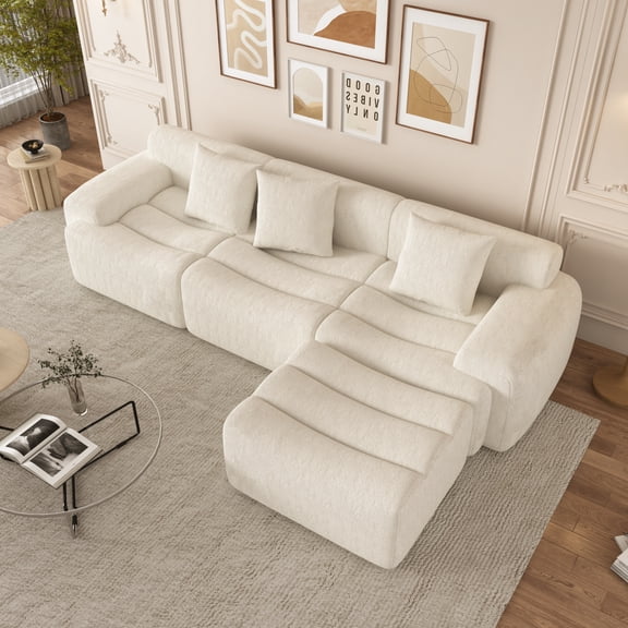Aphthongs 118" Sectional Couches for Living Room, Boneless Sectional with Ottoman, 3-Seater Chenille Frameless Couch, Modern L-Shaped Modular Sofa for Living Room, No Assembly Required, Beige