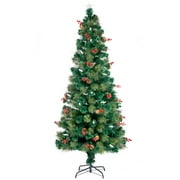 6.5FT Green Christmas Tree, Pre-Lit Artificial Xmas Tree with Colorful Candle Lights, Hinged Quick DIY Design, Pinecone and Berry Decoration