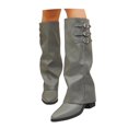 thumbnail image 4 of Shadoumai Women's Slouchy Knee High Boots Pointed Toe Leather Motorcycle Boots Vintage Low Heel Retro Foldover Fall Pull On Stacked Heeled Goth Winter Boots, 4 of 10