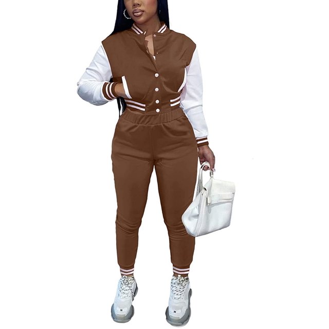 Mujeres Entrenamiento 2 Piezas Trajes Botón Abajo Color Bloque Patchwork Chaquetas Bodycon Pantalones Largos Chándal