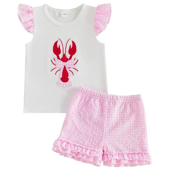 YDFCWXW Infant Toddler Baby Girl Summer Outfit Bow Crawfish Embroidery Ruffle Short Sleeve T-Shirt Top and Plaid Shorts Set (Pink, 2-3 Years)