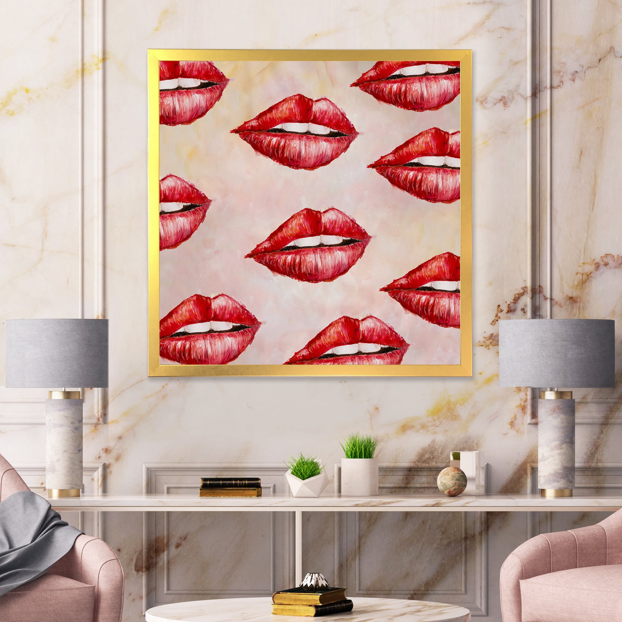 Designart 'Red Girl Lips Pattern' Modern Framed Art Print