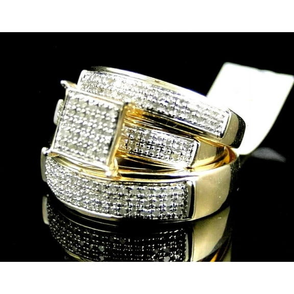 Wedding Bridal His/Her Trio Ring Set 14K Yellow Gold Plated Round Cut White Diamond