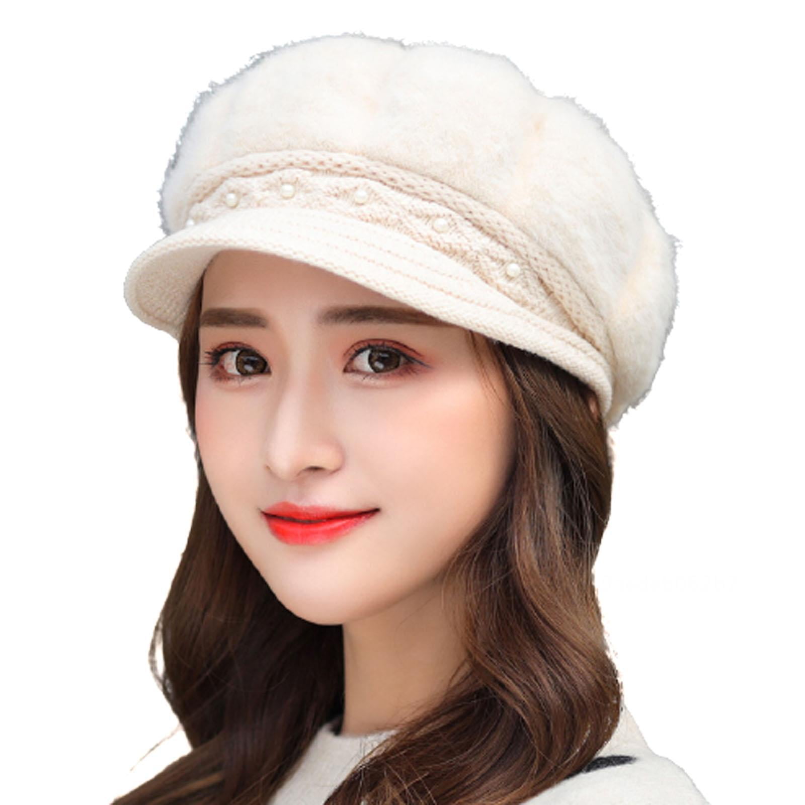 Womens Slouchy Winter Knit Beanie Hats Chunky Hat Bobble Hat Ski Cap White