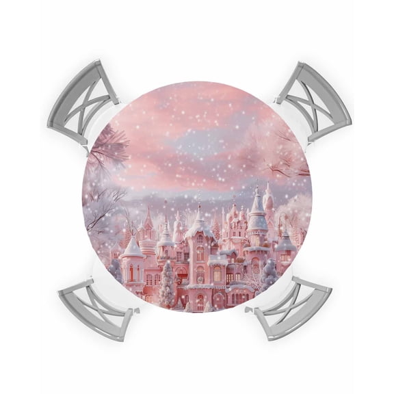 nqOlkjepod Pink Christmas Round Tablecloth, Fitted Table Cover with Elastic for 36"-44" Round Tables, Pink Town Xmas Tree Snowflake Table Cloth Outdoor Indoor Dinning Party Waterproof Tablecloths
