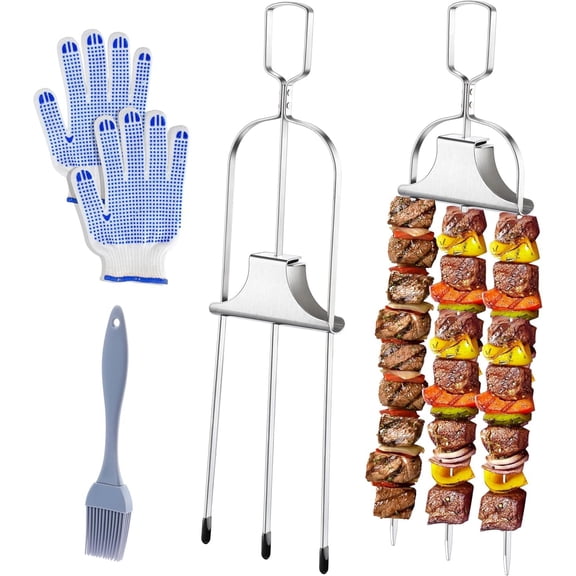 Kabob Skewers for Grilling,14'' Stainless Steel Kebab Skewers,3 Prong Metal Grill Skewer with Push Bar Slider,Skewer Sticks for Meat Veggies Marshmallows Fruits,BBQ Barbecue Accessories
