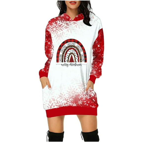 Lilgiuy Womens Casual With Pocket Christmas Print Long Sleeve Loose Hooded Women Dress for for Travel Vacation