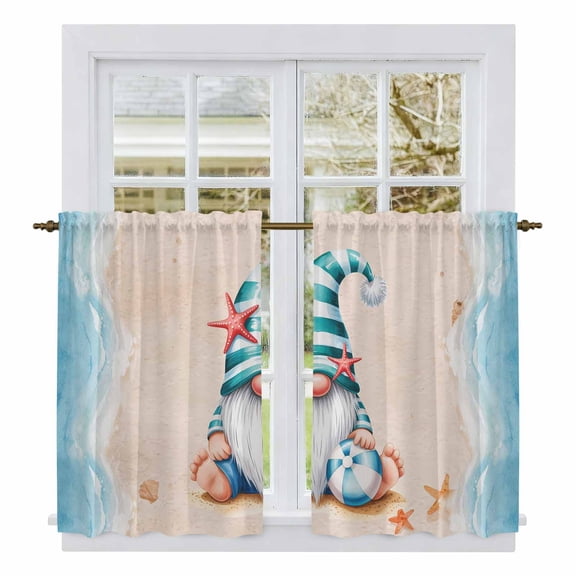 Coastal Beach Kitchen Curtain for Berdoom Living Room Cafe 45 Inch Length, Blue Gnomes Summer Ocean Sea Wave Starfish Beige Tiers Curtains Light Filtering Drapes Window Treatment 2 Panels 52"Wx45"L