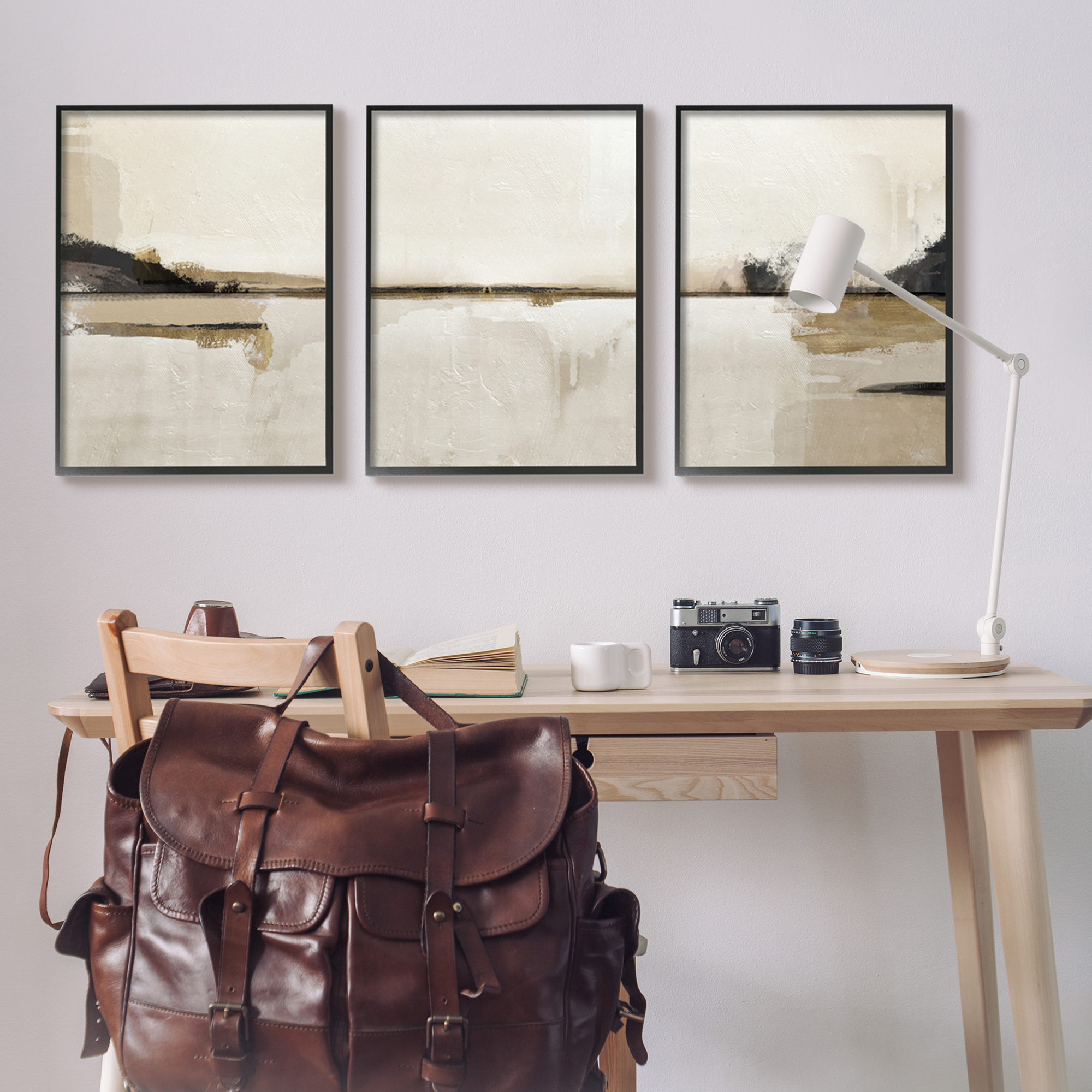 Stupell Industries Abstract Beige Landscape Nature Painting Black Framed Art Print Wall Art, 24 x 30, Set of 3