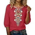 thumbnail image 2 of Embroidered Cotton Linen Shirts Boho Blouse Embroidered Tops Puff Sleeve Peasant Tops Crewneck Tee Shirts Tunics Floral Blouses Floral Gauze Tunics Comfy Cotton Linen T-Shirt Casual Summer Top Red L, 2 of 4