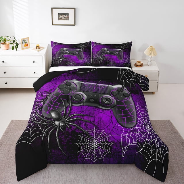 Erosebridal Boys Gamepad Bedding Sets Full With Comforter,Video Game Duvet Insert,Spider Web Decor,Reversible,Lightweight,3 Pieces