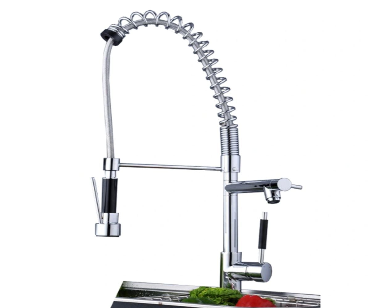 DROP Bath and Kitchen DR091026 Robinet d'évier de cuisine monotrou à ressort en laiton avec douchette extractible/abattable et forme unique en couleur chrome