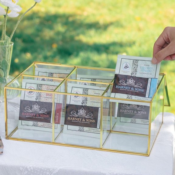 NCYP Large Glass Tea Bags Container, Organizer Box, with 6 Grids, Glass Box Only