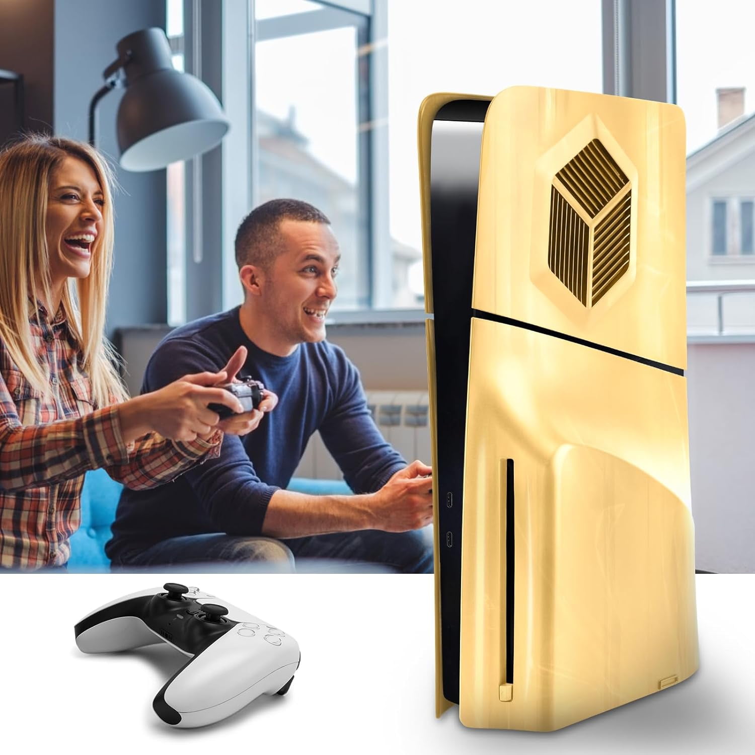 Console Cover Plates Accessories Compatible with PS5 Slim Disc Edition, Dustproof Protective Skin Faceplate Shell Panels with Cooling Vents-Gold