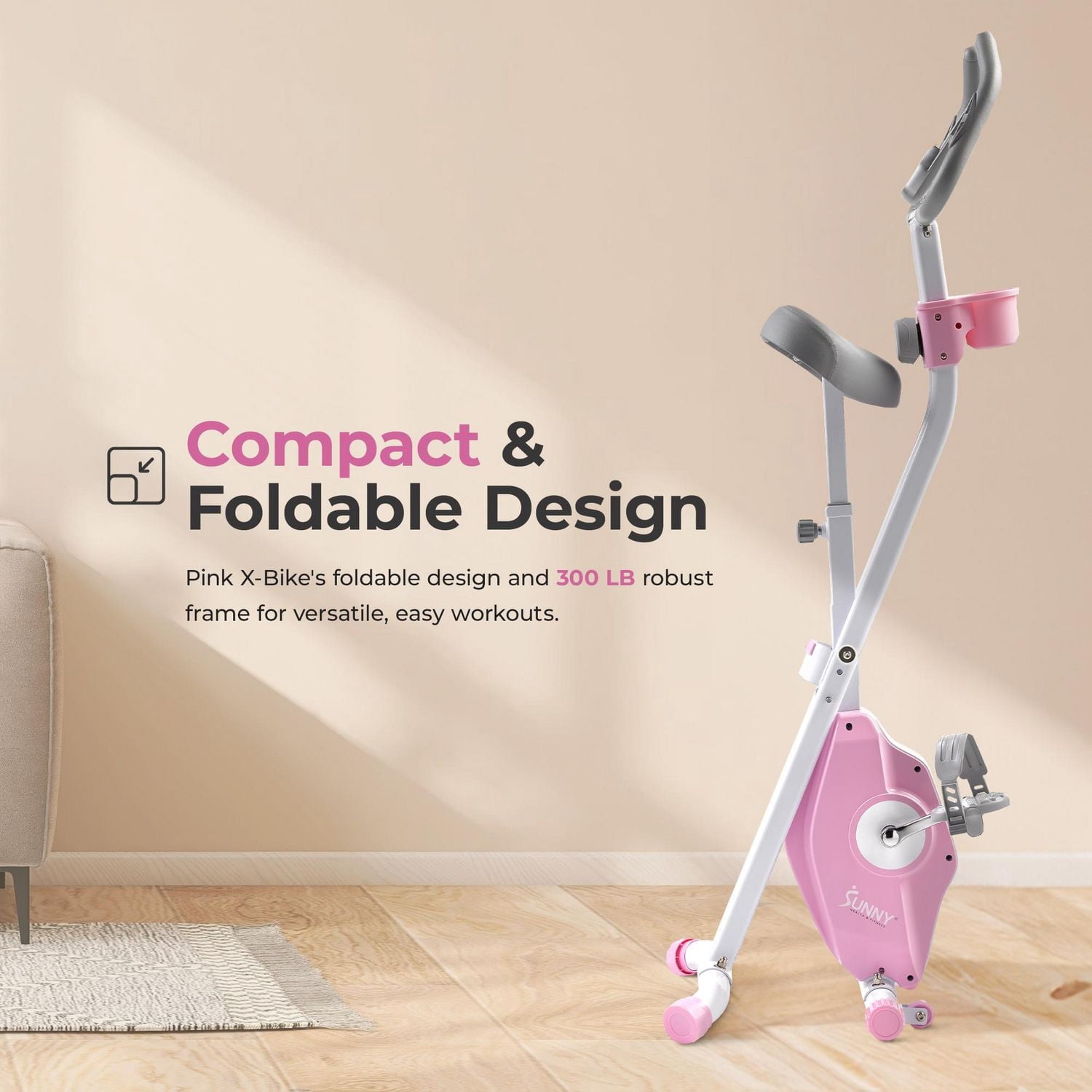 Sunny Health & Fitness Vélo d'Exercice Magnétique Pliable Rose, Pro X-Bike, Capacité de 300LB, Faible Impact, Résistance sur 14 Niveaux, Support Ergonomique, Connectivité Bluetooth Améliorée via l'App