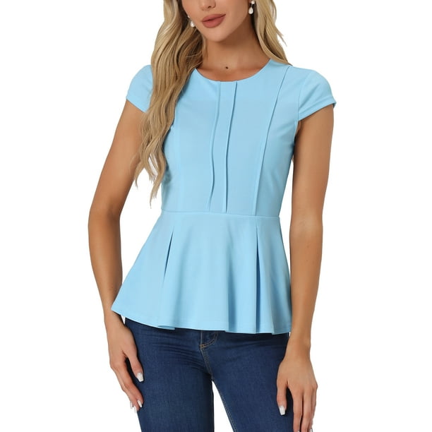 INSPIRAR CHIC Blusas de Peplum para Mujeres con Mangas Cortas y Cuello Redondo Color Sólido 3XL Azul Claro