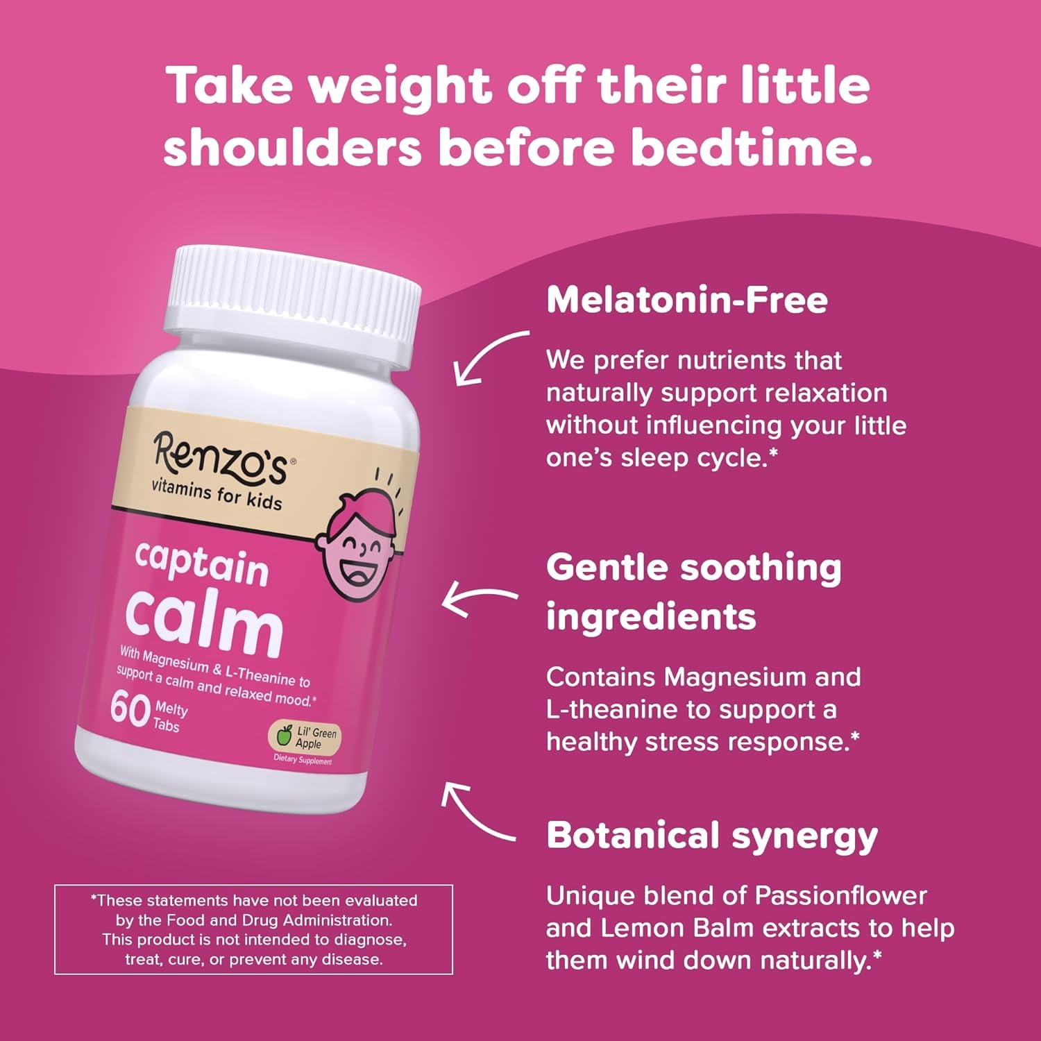 Renzo’s Captain Calm Magnesium for Kids with L-Theanine, Sugar-Free, Vegan Melty Tabs, 60 Count
