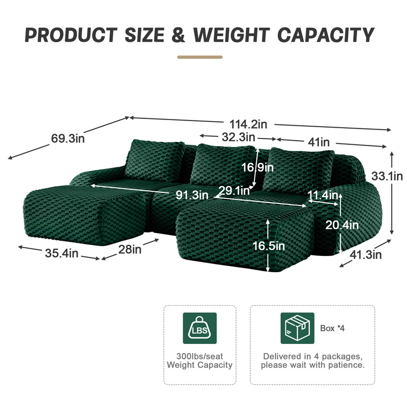 114" Modern U-Shaped Modular Sectional Sofa for Living Room,Flannelette Fabric,Oversized 3-Seater Couch,boneless sofa ,Movable Ottoman,Buckle connection,Anti-slip Design,No Assembly,Green