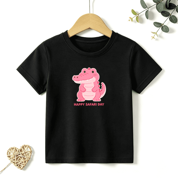 Girls Graphic Tees Pink Alligator Kids T Shirt Happy Safari 100% Cotton Short Sleeve Soft Tops 4-13Y