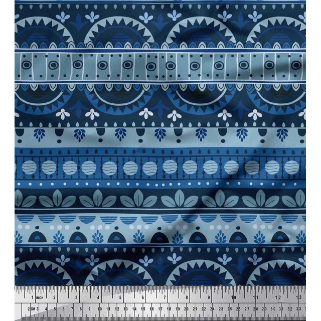 Soimoi Polyester Crepe Fabric Dot,Stripe & Semi Mandala Decorative Decor Fabric Printed Yard 52 Inch Wide