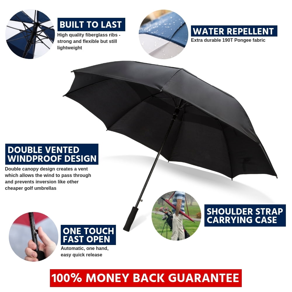 Third Floor Umbrellas - Black 68 Inch Automatic Open Golf Umbrella - Extra Large Vented Windproof Waterproof Sturdy Double Canopy