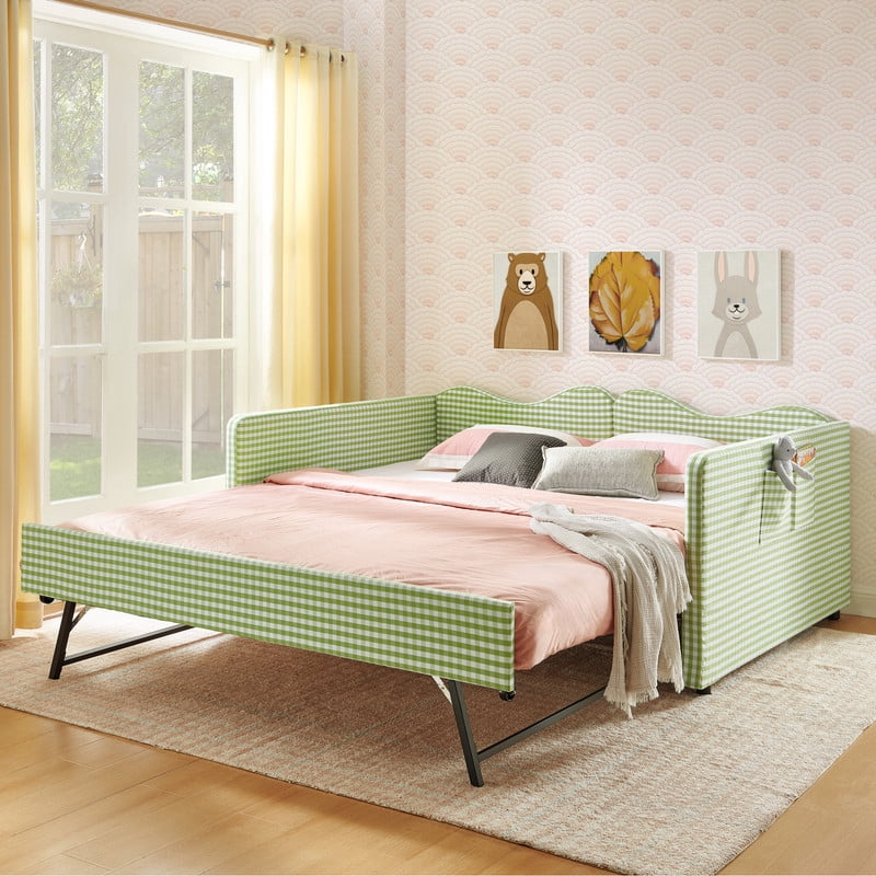 Full Size Gingham Daybed with Trundle, Upholstered Day Bed Frame with Side Storage Pocket & Wave-Shaped Backrest, Modern Sofa Bed for Living Room, Bedroom, No Box Spring Needed