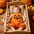 thumbnail image 3 of KAUOD Halloween Baby Boys Girls Outfit New Born Pumpkin Face Patch Bubble Romper Toddlers Jumpsuit Halloween Outfits Cute Clothes, 3 of 4