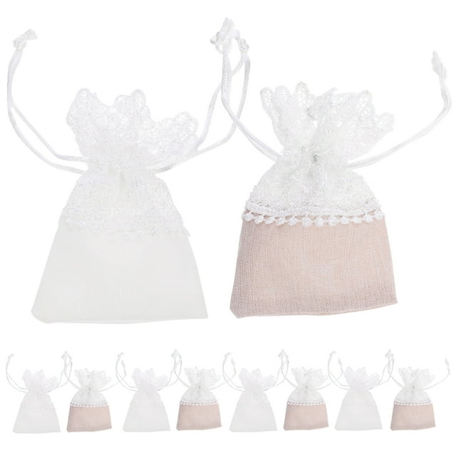 10 bolsas de encaje de lujo con cordón para guardar joyas, regalos, bolsas de tela con cordón, bolsas para dulces de boda (5 blancas y 5 beige)