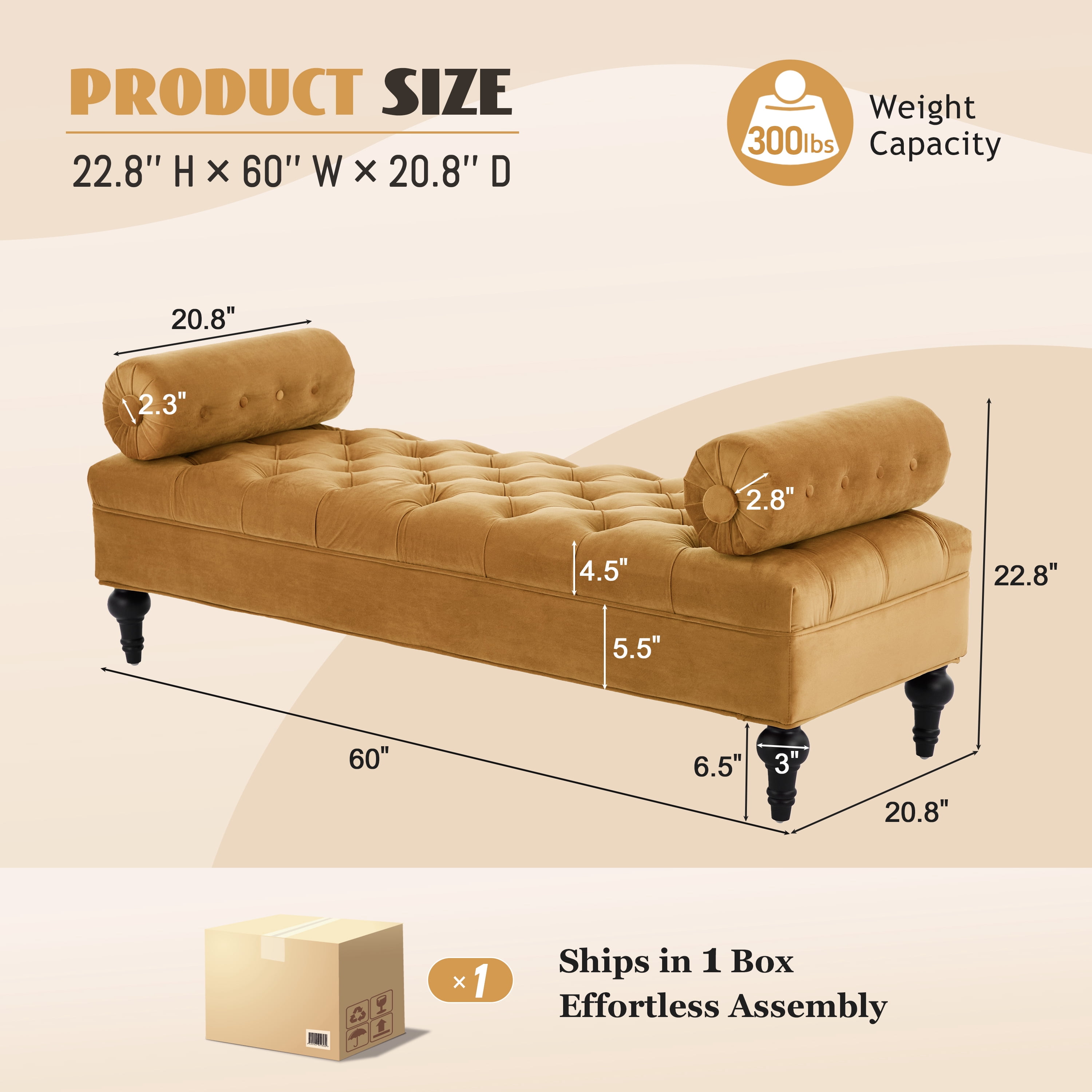 Alvantor End of Bed Benches Velvet Upholstered Bench with 2 Detachable Pillows for Bedroom,Living Room, Entryway Yellow