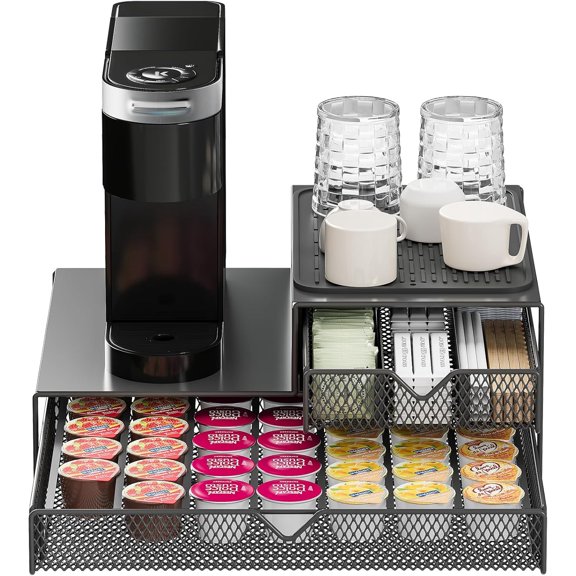 K Cup Organizer for Countertop - Solid Metal 60 Coffee Pod Holder Storage Drawer, Reinforced Steel Stand Compatible with Keurig K-Cup Pods, Anti-Vibration & No-Sag Design, No Assembly Required (Black