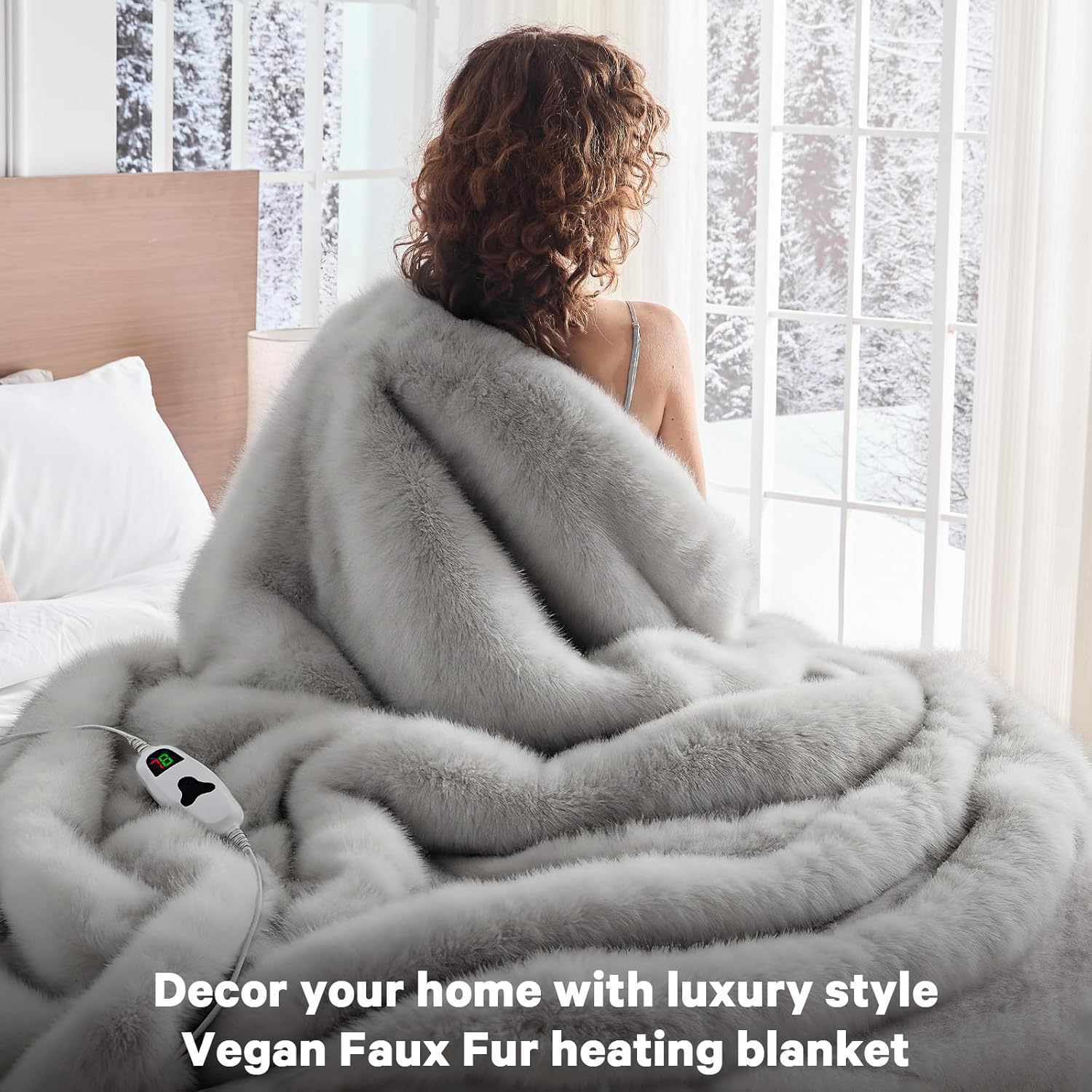 PMONPA Electric Heated Blanket, 61"×81" Faux Fur Heated Blanket for Adult, Fast Heating with 4 Hours Auto Shut Off Timer, Black & White