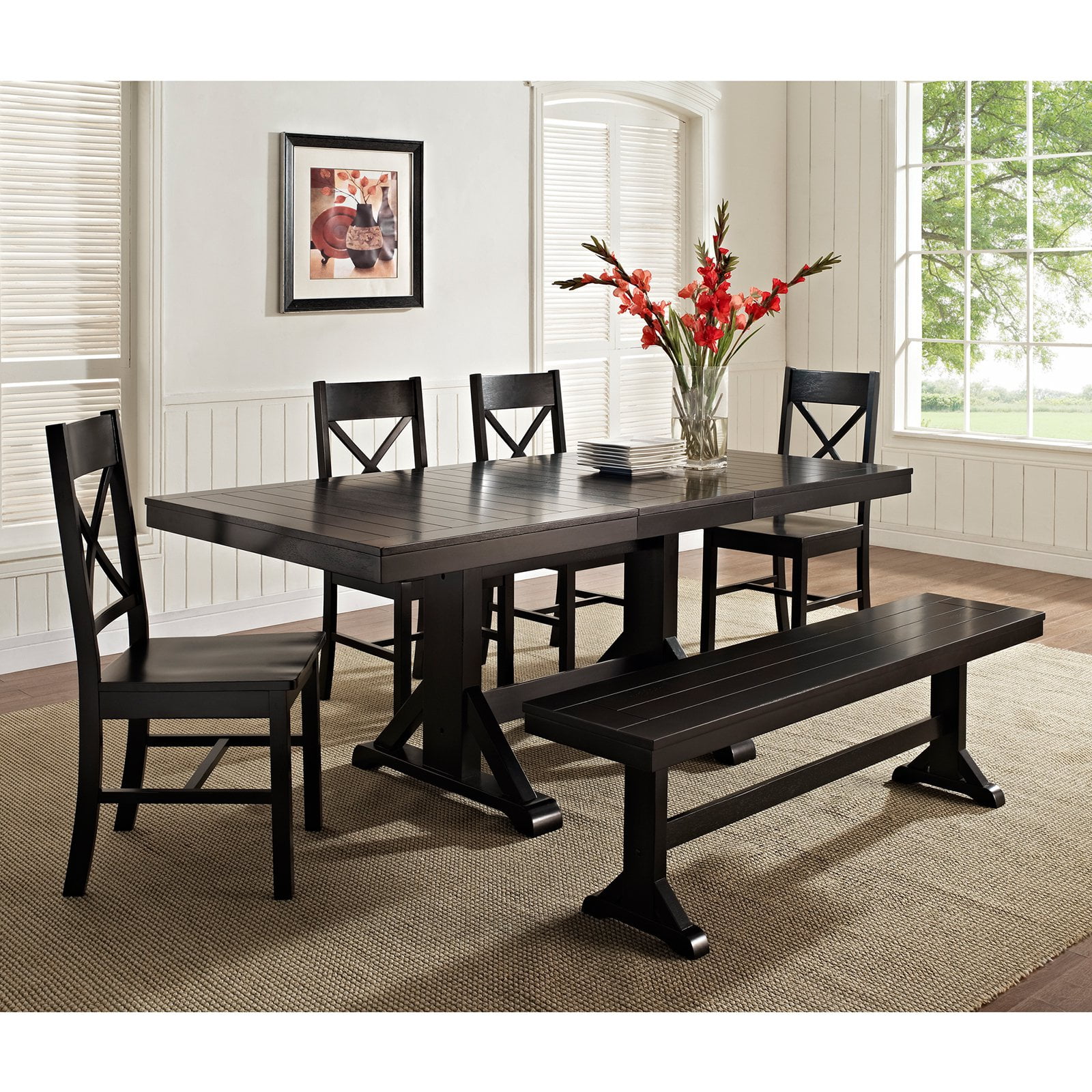 Solid Wood Dining Set With Bench, 6 Piece Black Dining Room Set
