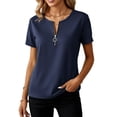 thumbnail image 6 of Miluxas Women's Zip Up Short Sleeve Pullover Top V-Neck Solid Casual T-Shirt Summer Basic Work Daily Outfits Navy, 6 of 6