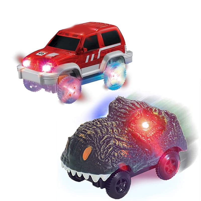 Dino Cars accesories for racce Track Sets 2 Pack LED Light Up Dinosaur Cars Compatible with Glow Magic Tracks & Most Tracks Track Car Replacement Only 