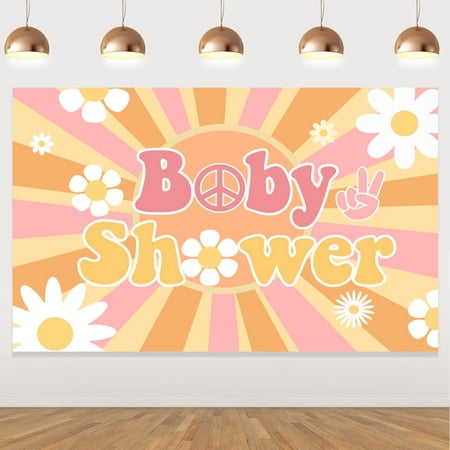 Image of Groovy Baby Shower Backdrop Banner Retro Hippie Boho Girl Birthday Party Decorations Party Supplies Daisy Flower Birthday Photography Background for Baby Shower Photo Prop Wall Decor