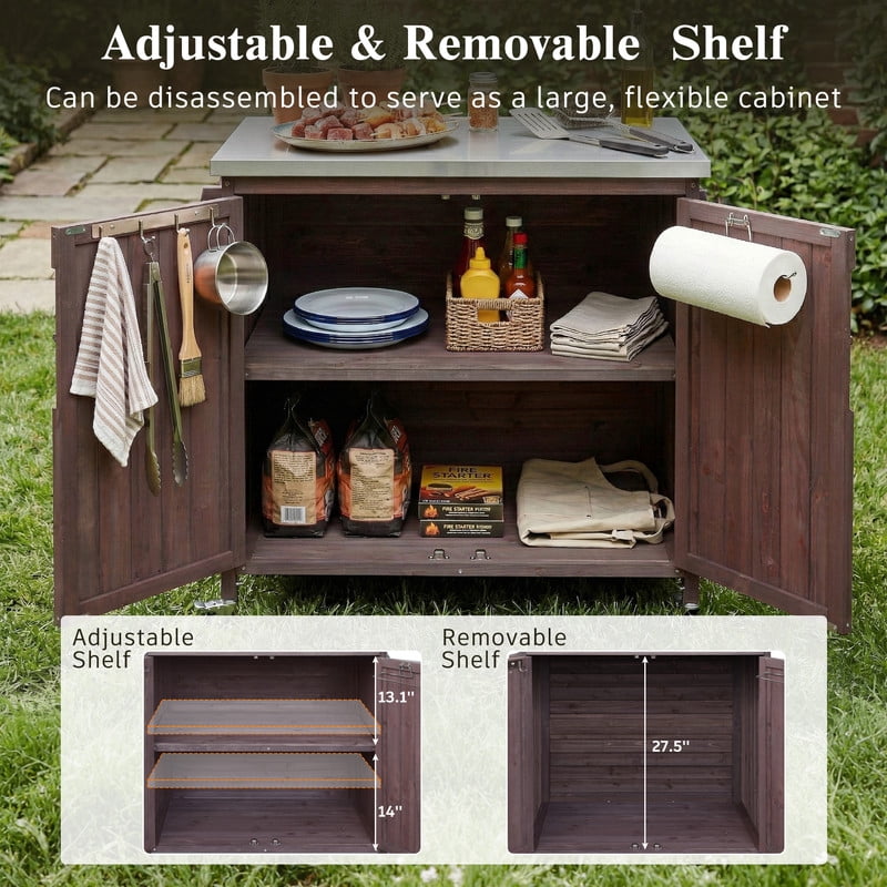 35.4''W Stainless Top Outdoor Rolling Kitchen Storage Island with Side Racks, Outdoor Grill Serving Cart with Cabinet & Adjustable Shelf