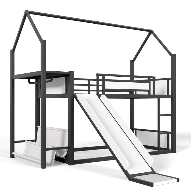 Twin Over Twin Metal Bunk Bed with Slide, LED Hanging Area, Fabric Storage Shelf, Power Outlet, House-Shaped Playhouse Frame, Safety Guardrails, Ladder, Low Profile Kids Bunk Bed