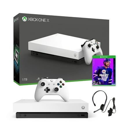 Microsoft Xbox One X 1TB Special White Edition 4K Ultra HD Blu-ray Console + Xbox Chat Headset Bundle With NHL 20 - 2019 New Xbox Game!