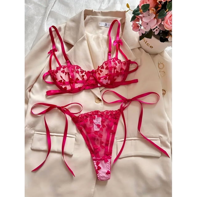 Conjunto de lencería con bordado de corazones, sujetador de malla sin forro y tanga de tiras, lencería y ropa interior sexy para mujer