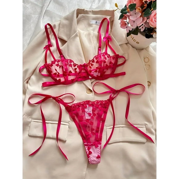 Conjunto de lencería con bordado de corazones, sujetador de malla sin forro y tanga de tiras, lencería y ropa interior sexy para mujer