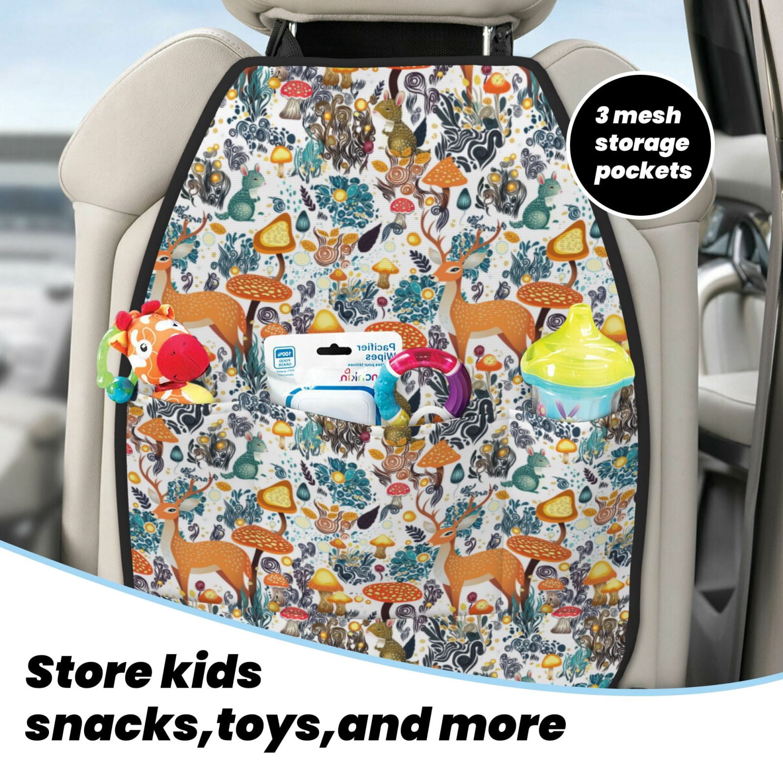 Kdxio Abstract Plants Mushroom Deer Print 2 Pack Car Kick Mat Seat Cover Back Protector Mat with Pockets for Organizer Backseat Protector and Storage Anti Kick Pad for Vehicles