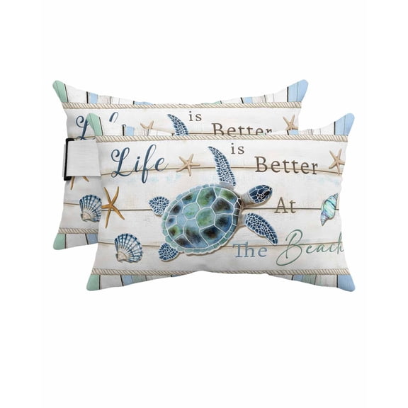 Sea Turtle Outdoor Head Resting Pillows with Insert Ocean Starfish Shell 2 Pack Waterproof Lumbar Pillows with Adjustable Elastic Strap for Patio Recliner Chaise Beach Chair, 12"x20"