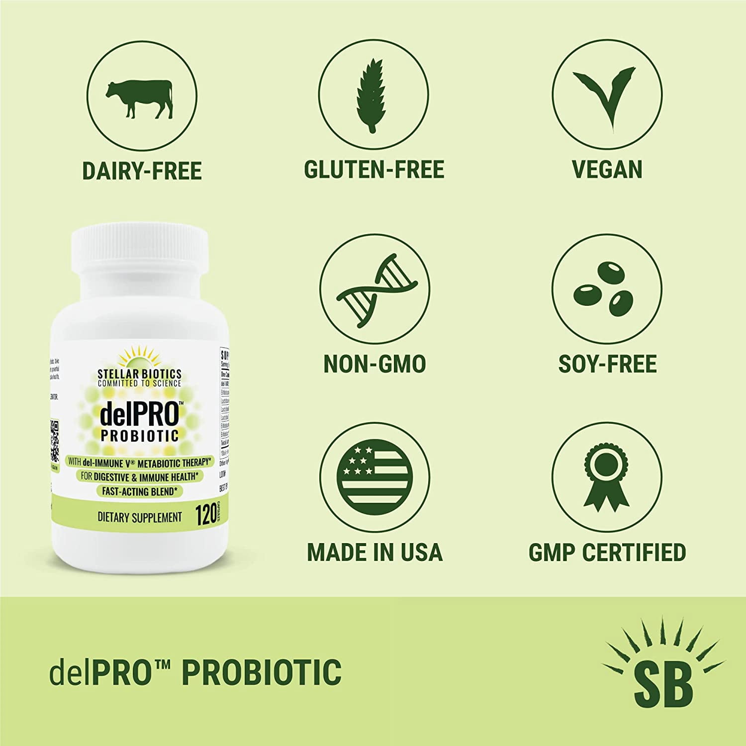 Stellar Biotics - delPRO™ PROBIOTIC (Enhanced with del-IMMUNE V®) - Powerful Probiotic & Prebiotic Blend - Promotes Optimal Gut Health & Digestion - Balances Immune System & Mood (120 Capsules)