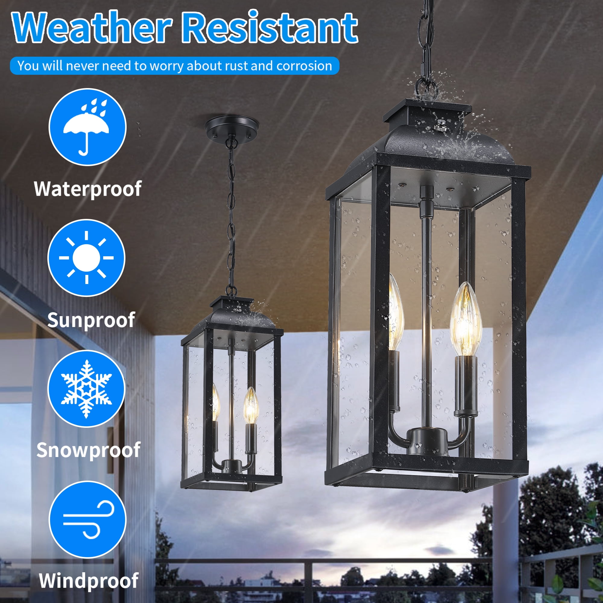 Large Outdoor Pendant Light 2-Light, 15.8" Dusk to Dawn Exterior Hanging Lights Fixture with Clear Glass, Modern Black Outdoor Chandelier for Gazebo Porch Patio Front Door