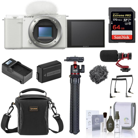 Sony ZV-E10 Mirrorless Interchangeable Lens Vlog Camera, White - Bundle with 64GB SD Card, Shoulder Bag, Mic, Tripod, Extra Battery, Charger, Cleaning Kit