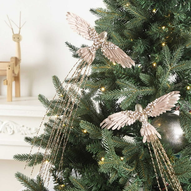 Adornos Navideños de Pájaros con Flor de Pascua y Purpurina para Decoración de Bodas | Plástico | Oro Rosa | 43 X 20 Cm | Paquete de 2 Pájaros