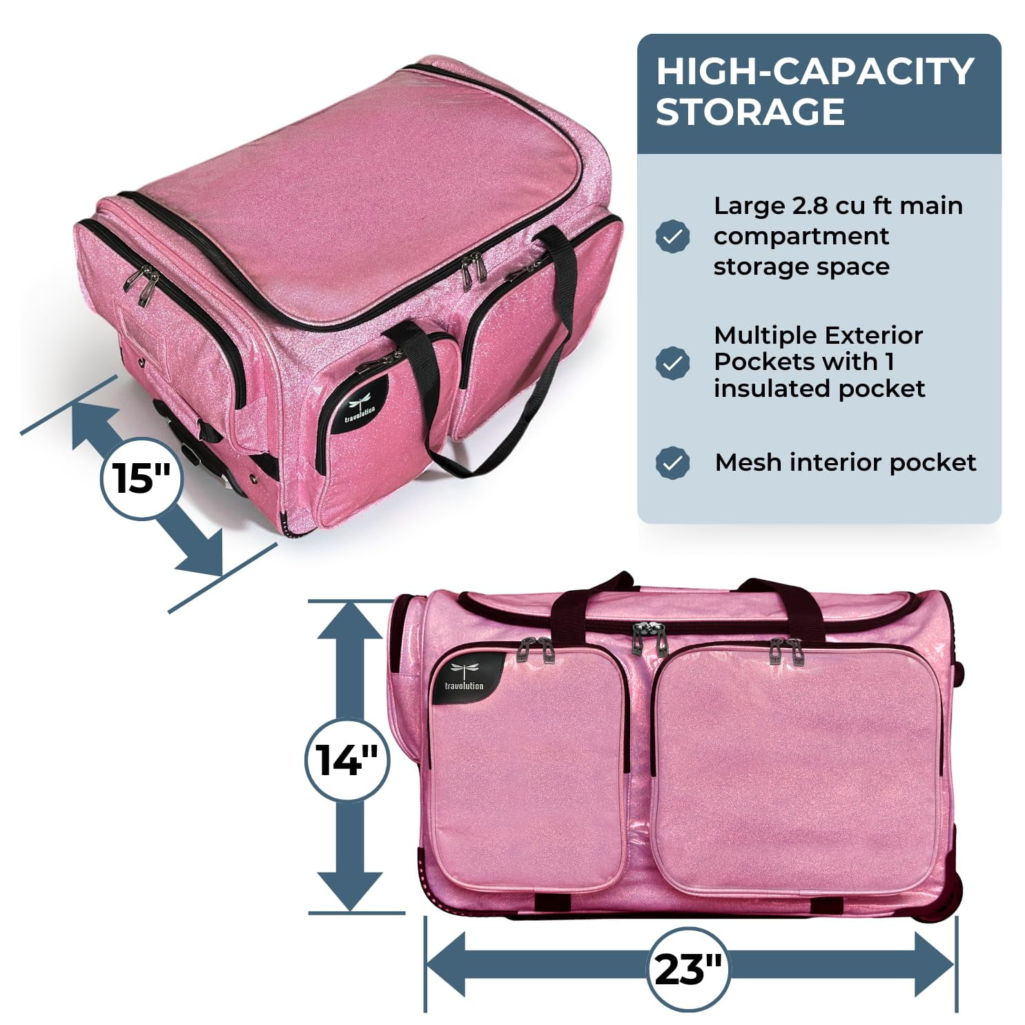 NEW! Travolution Dance Bag with Garment Rack, 23 Inch Rolling Duffel With Wheels, Ideal for Competitions & Travel, Easy-assembly Lightweight Aluminum Clothes Rack (Glitter Pink)
